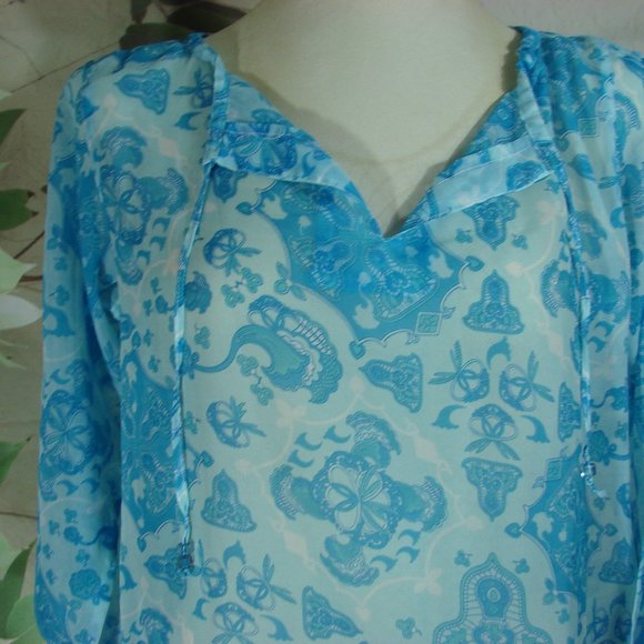 Sheer Blue Tones Open Long Sleeve Boho Mehndi Style Floral Side Slit Cover Up - Picture 12 of 16